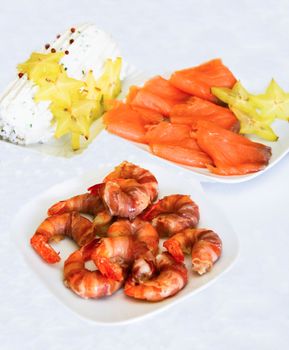 finger food with shrimps and bacon salmon carom
