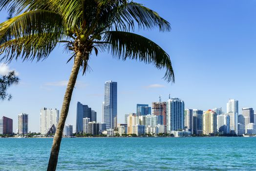 Miami Downtown skyline in daytime with Biscayne Bay.