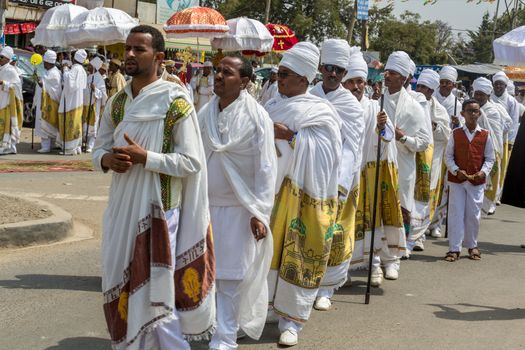 Clergy of the Ethiopian Orthodox church dressed in beautiful traditional clothing during a colorful procession of the Timket (Epiphany) celebrations, on January 19, 2015 in Addis Ababa.