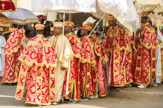 Clergy of the Ethiopian Orthodox church dressed in beautiful traditional clothing during a colorful procession of the Timket (Epiphany) celebrations, on January 19, 2015 in Addis Ababa.