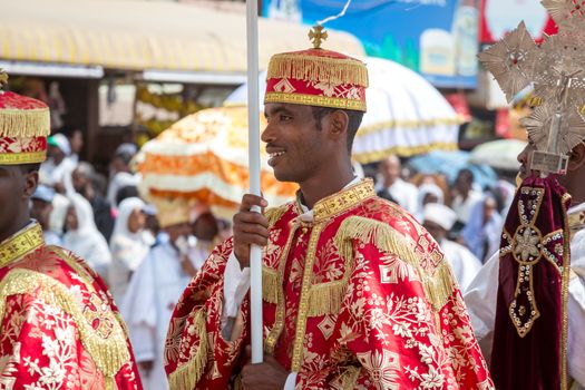 Clergy of the Ethiopian Orthodox church during a colorful procession of the Timket (Epiphany) celebrations, on January 19, 2015 in Addis Ababa.