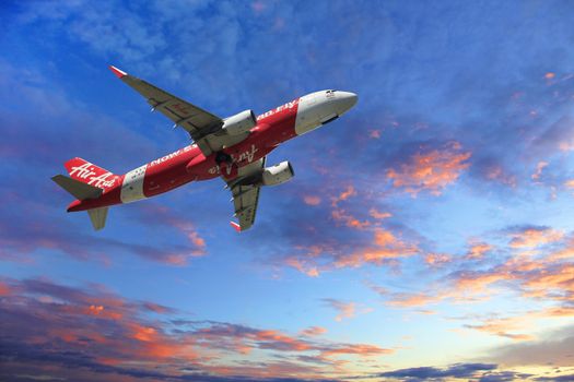 Kota Kinabalu, Borneo, Malaysia - JENUARY 03, 2015: HS-ABT Airbus A320-200 from Kota Kinabalu, Borneo. Landing to Hong Kong International Airport, Hong Kong S.A.R.