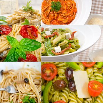 collection of different type of Italian pasta on collage white frame