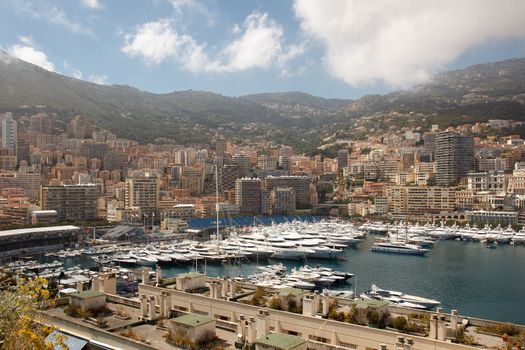 Monaco yacht harbor end mountains around town