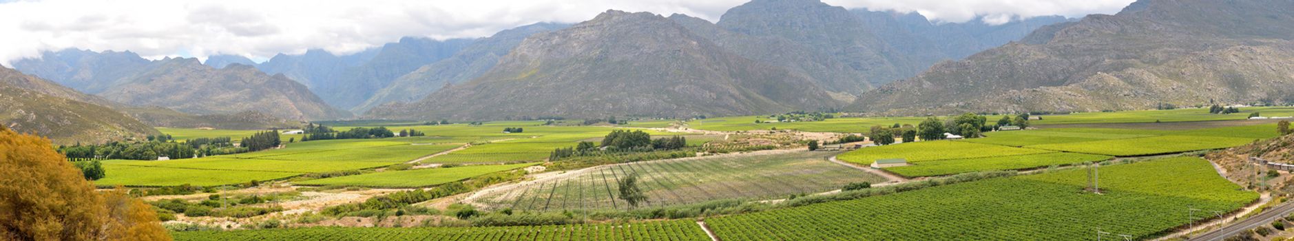 Panoramic view to the west from the N1 road to the mountains of the Hex River Valley in the Western Cape Province of South Africa
