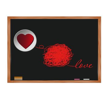 Red heart on white circle and text love on blackboard. Valentines day. Vector illustration.