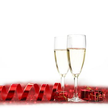 Two glasses of champagne with red decor, Valentines day concept