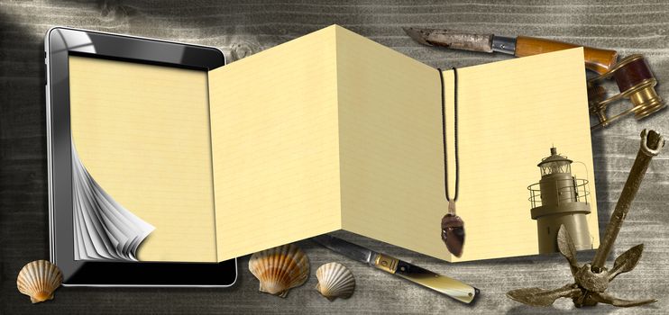 Tablet computer with folded pages, folding knives, binoculars, seashells, flint, lighthouse and rusty anchor. Concept of adventurous travels