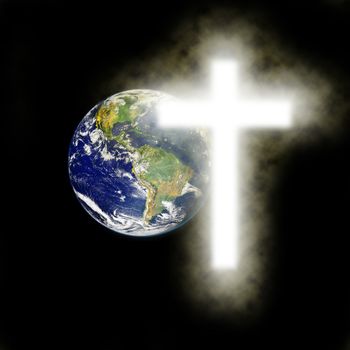 Earth with religious cross with black background. Elements of this image are furnished by NASA, http://visibleearth.nasa.gov/view.php?id=54388