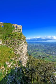 Panoramic view of ancient fortresses of Erice town, Sicily, Italy