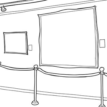 Outline of picture frames and stanchion in art gallery