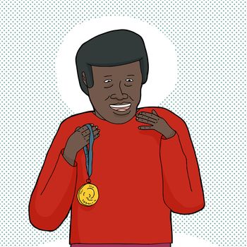 Excited Black man in red holding a gold medal