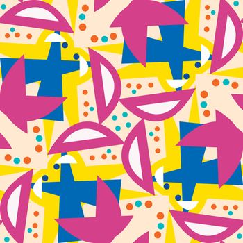 Random pink semi-circles and blue shapes seamless pattern