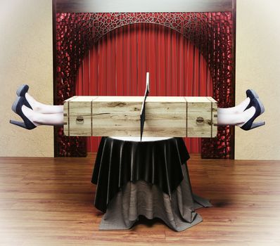 Magician sawing a woman with a saw. Photo combination concept