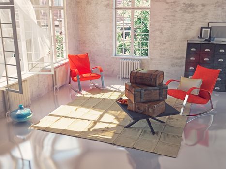 stack of the vintage suitcases on a table in a beautiful sunny interior. 3d concept