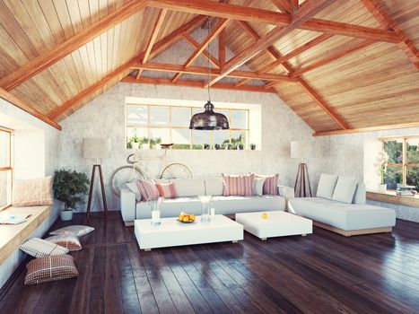 beautiful modern attic interior. 3d design concept. 