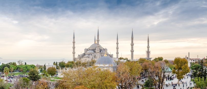 Panoramic aerial view of Blue Mosque area in Istanbul.