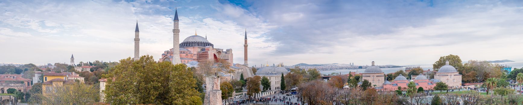 Panoramic aerial view of Hagia Sophia in Istanbul.