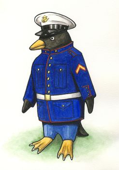 Penguin in Marine Dress Blues Painting with White Background