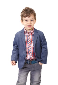 little boy with jacket and shirt on white background