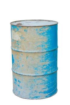 old blue steel oil drum on white background