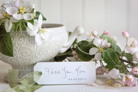 Gift card with apple blossom flowers in vase