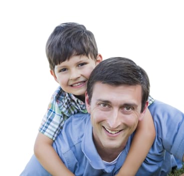 Happy Father and Son Piggyback Isolated on a White Background.