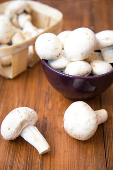 many raw fresh mushrooms in a bowl on a wooden background