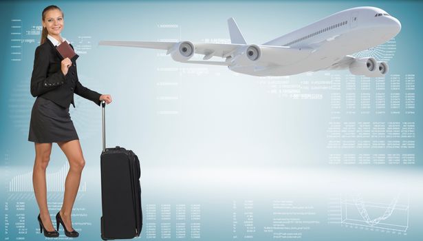 Businesswoman smiling holding wheeled travel bag and passport. Image of flying airliner beside. Hi-tech graphs with various data as backdrop