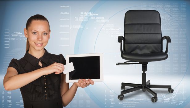 Businesswoman smiling holding blank tablet PC and blank business card in front of PC screen. Office chair beside. Hi-tech graphs with various data as backdrop