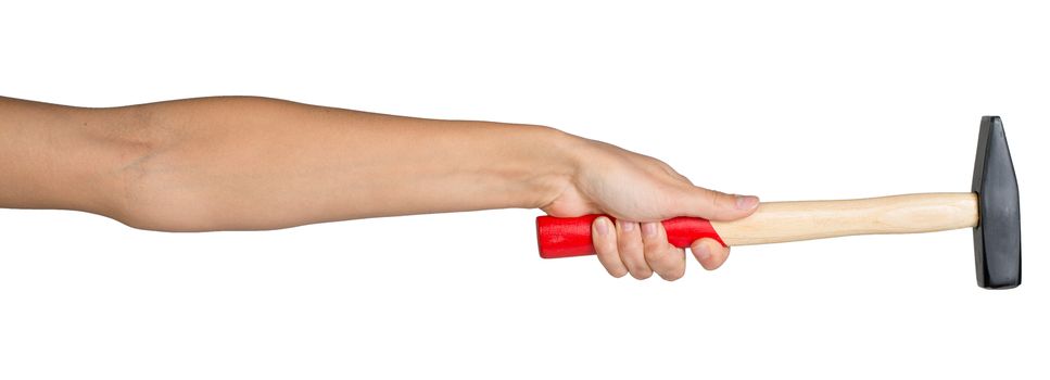 Female hand, bare, holding hammer, isolated over white background