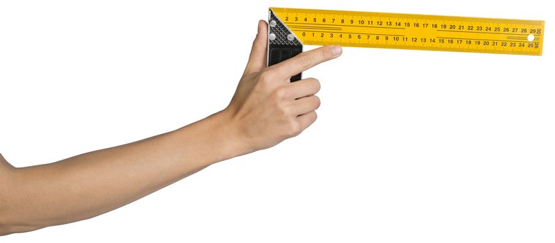 Female hand, bare, holding angle ruler, isolated over white background