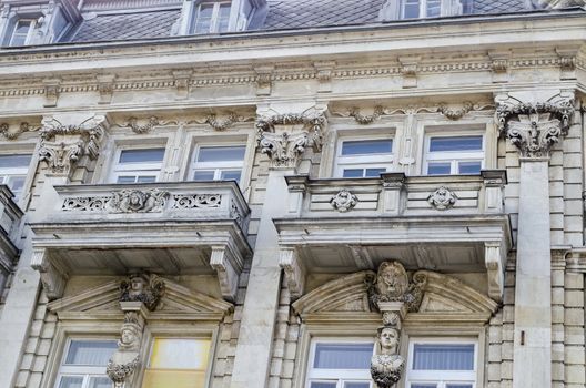 Fragment close up of ancient building with rich decoration in centre of Ruse town, Bulgaria    from 1897 year