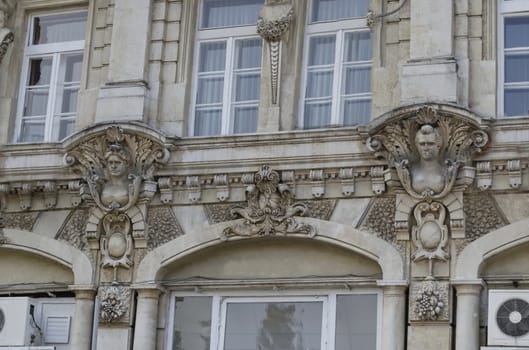 Fragment close up of ancient building with rich decoration in centre of Ruse town, Bulgaria    from 1897 year