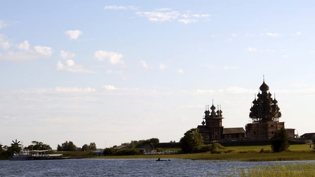 Old wooden churches on island Kizhi on Onega lake in region Karelia on North of Russia, UNESCO World Heritage site.