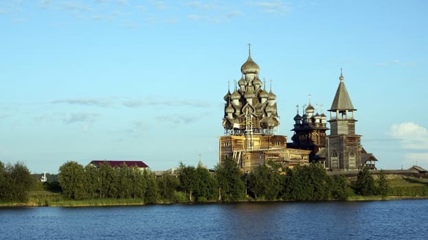 Old wooden churches on island Kizhi on Onega lake in region Karelia on North of Russia, UNESCO World Heritage site.