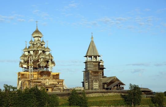 Old wooden churches on island Kizhi on Onega lake in region Karelia on North of Russia, UNESCO World Heritage site.