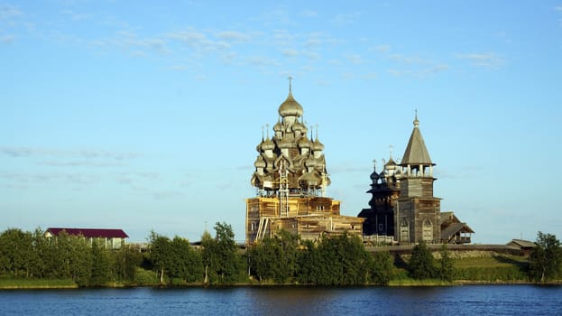 Old wooden churches on island Kizhi on Onega lake in region Karelia on North of Russia, UNESCO World Heritage site.