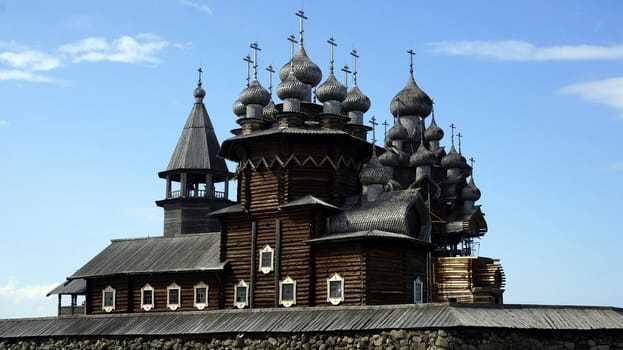 Old wooden churches on island Kizhi on Onega lake in region Karelia on North of Russia, UNESCO World Heritage site.