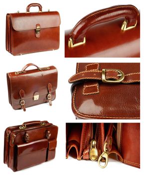 Collection of Ginger Shiny Leather Briefcases with Pockets, Bronze Details and Fasteners isolated on white background