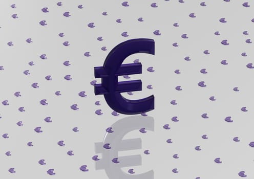 Big three-dimensional blue euro sign with reflection.