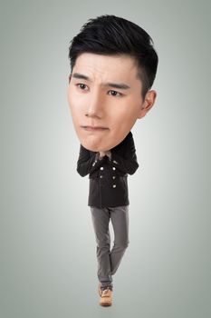 Funny Asian big head man, full length portrait.