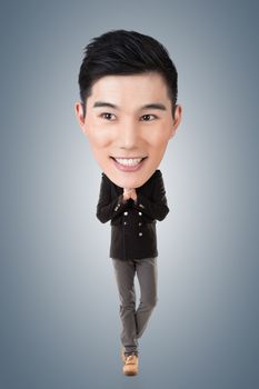 Funny Asian big head man, full length portrait.