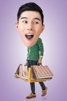 Funny shopping Asian guy, full length portrait.