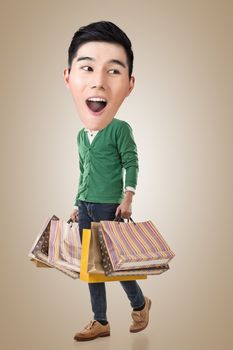 Funny shopping Asian guy, full length portrait.