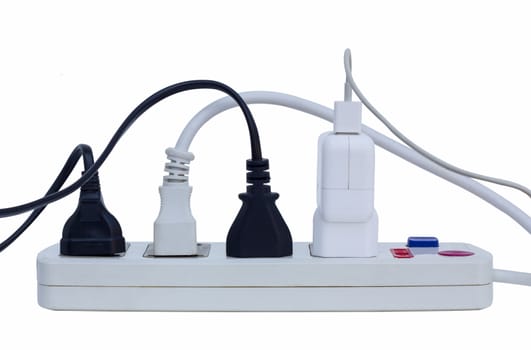 white multiple socket extension cord with plugs isolated in white background