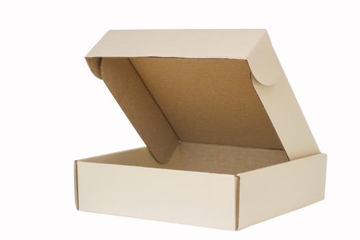 Cardboard box with flip open lid, lid open, isolated on white.