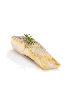 Luxurious seafood dinner. Perch fish fillet isolated on white background with fresh green herbs. Healthy eating.