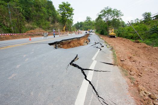 broken road by an earthquake in Chiang Rai, thailand