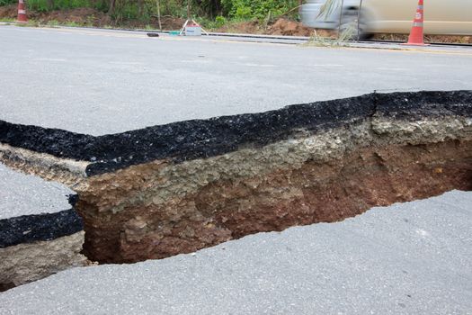 broken road by an earthquake in Chiang Rai, thailand